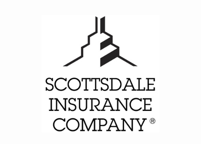 Black and white logo of Scottsdale Insurance Company, stylized building icon above text.