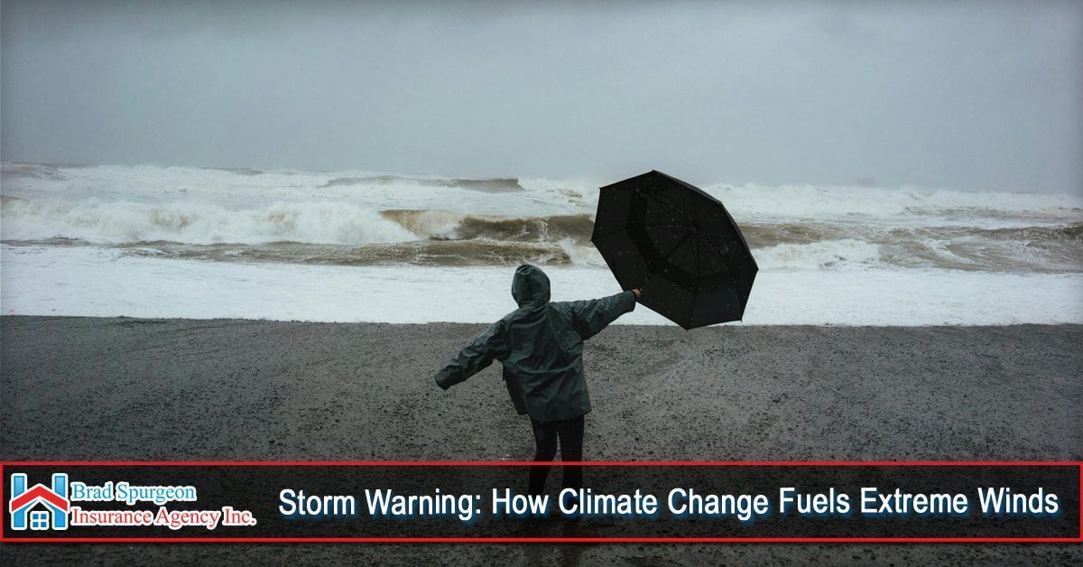 A person holds an umbrella against strong winds on a beach with rough, white-capped waves in the background.
