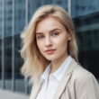 Blonde woman in blazer and white shirt, outside a glass building, looking at camera.