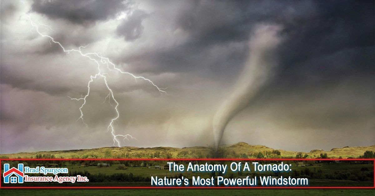 A funnel cloud touches the ground beneath dark, stormy skies with a bright lightning bolt striking on the left.