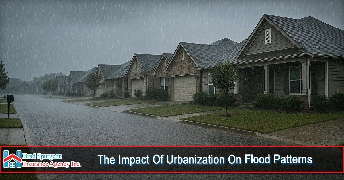 Rain falls on a residential street as water floods the road