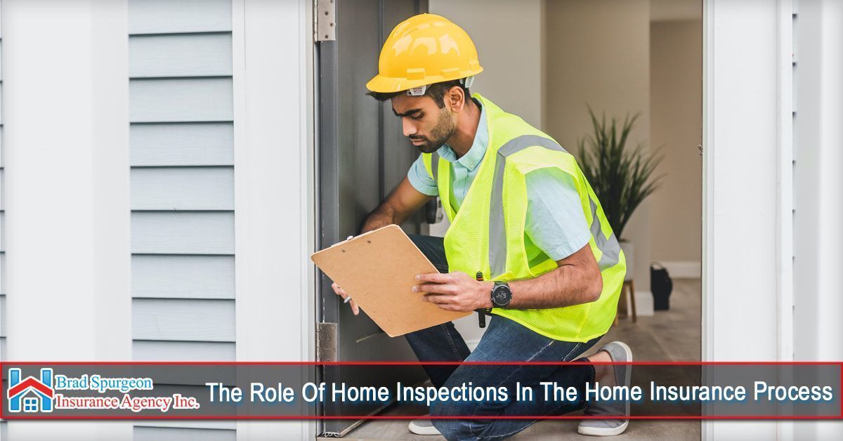 A person in a yellow hard hat and safety vest kneeling to inspect a doorway, with text about home insurance inspections.