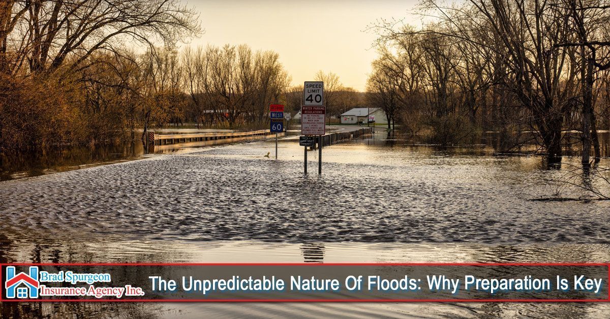 A flooded road surrounded by trees at sunset with a text overlay about flood preparation.
