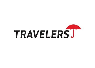 Travelers Insurance logo with black text and a red umbrella icon.
