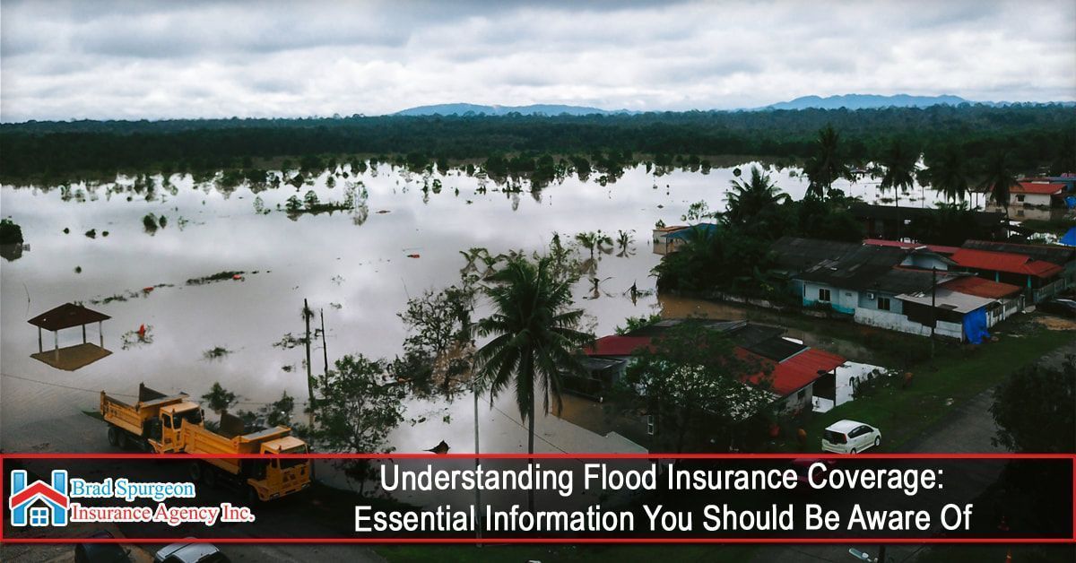 An aerial view of a flooded landscape with houses partially submerged, under a cloudy sky, with text on flood insurance.