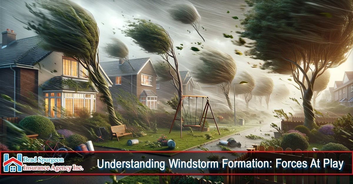 A suburban street during a powerful windstorm with trees bending violently and debris blowing in the air.