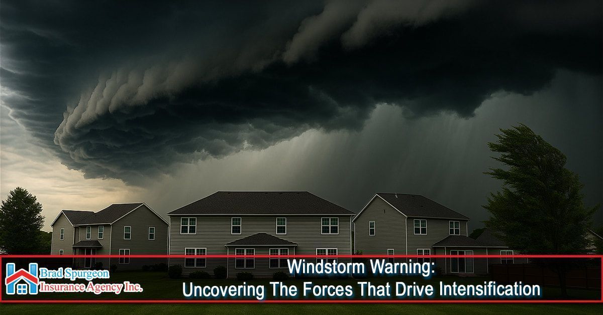 Dark storm clouds loom over suburban houses.