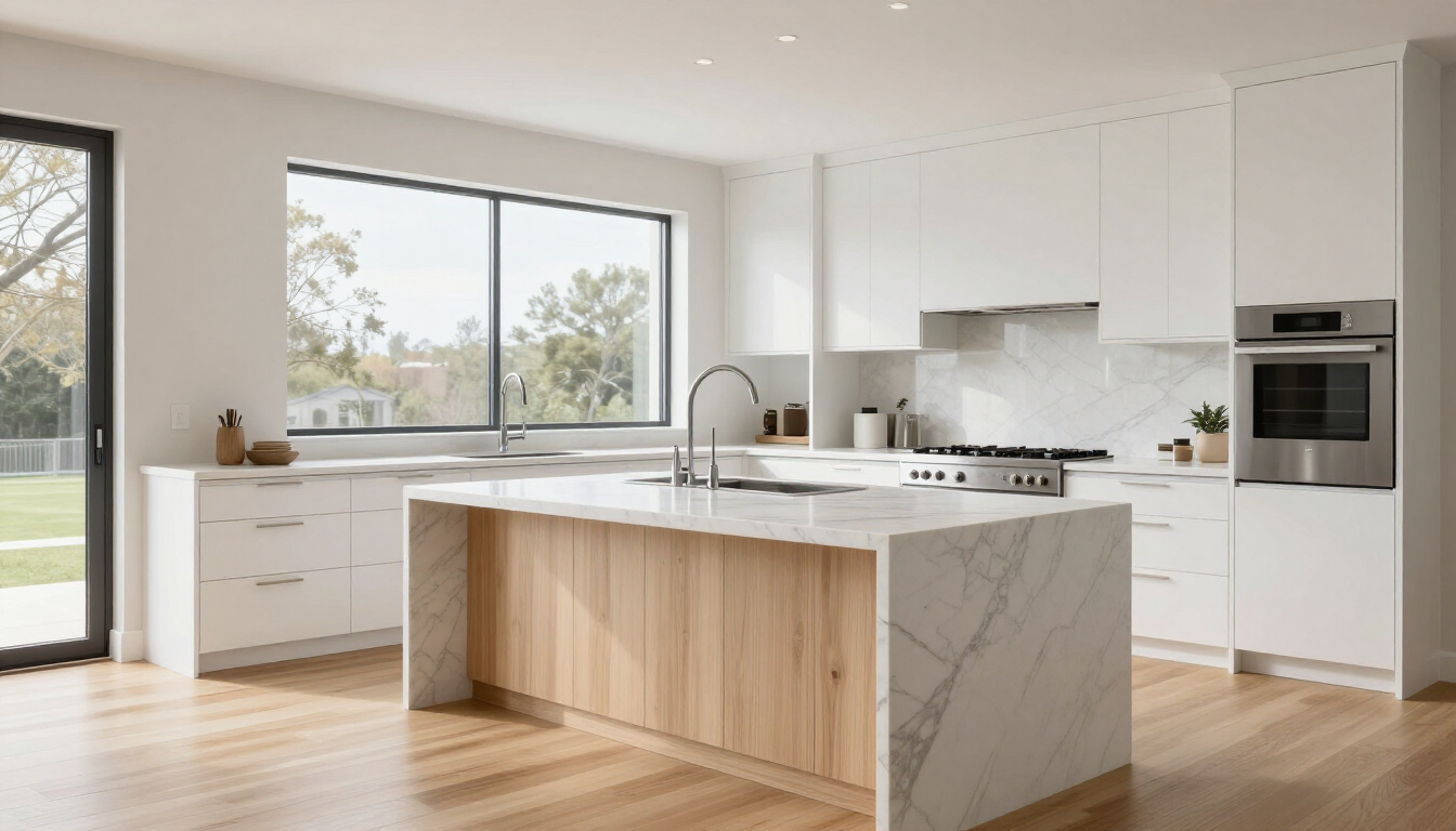 Cocina moderna y luminosa con armarios blancos, isla de mármol, suelos de madera y grandes ventanales.