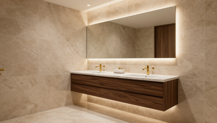 Baño moderno de color beige con tocador flotante de madera, lavabos dobles y espejo grande retroiluminado.