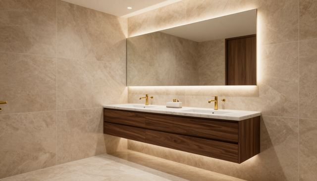 Baño moderno de color beige con tocador flotante de madera, lavabos dobles y espejo grande retroiluminado.
