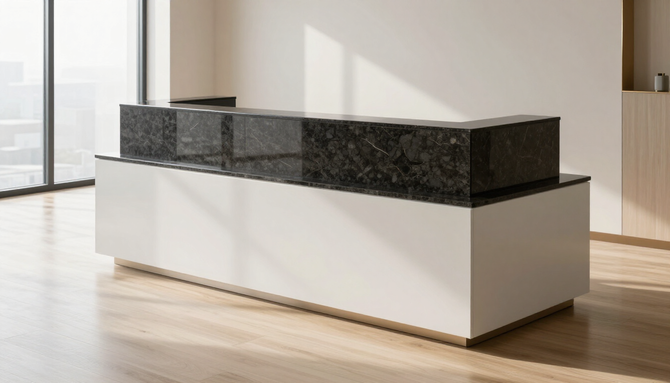Mostrador de recepción blanco moderno con encimera de piedra oscura en una habitación luminosa y minimalista.