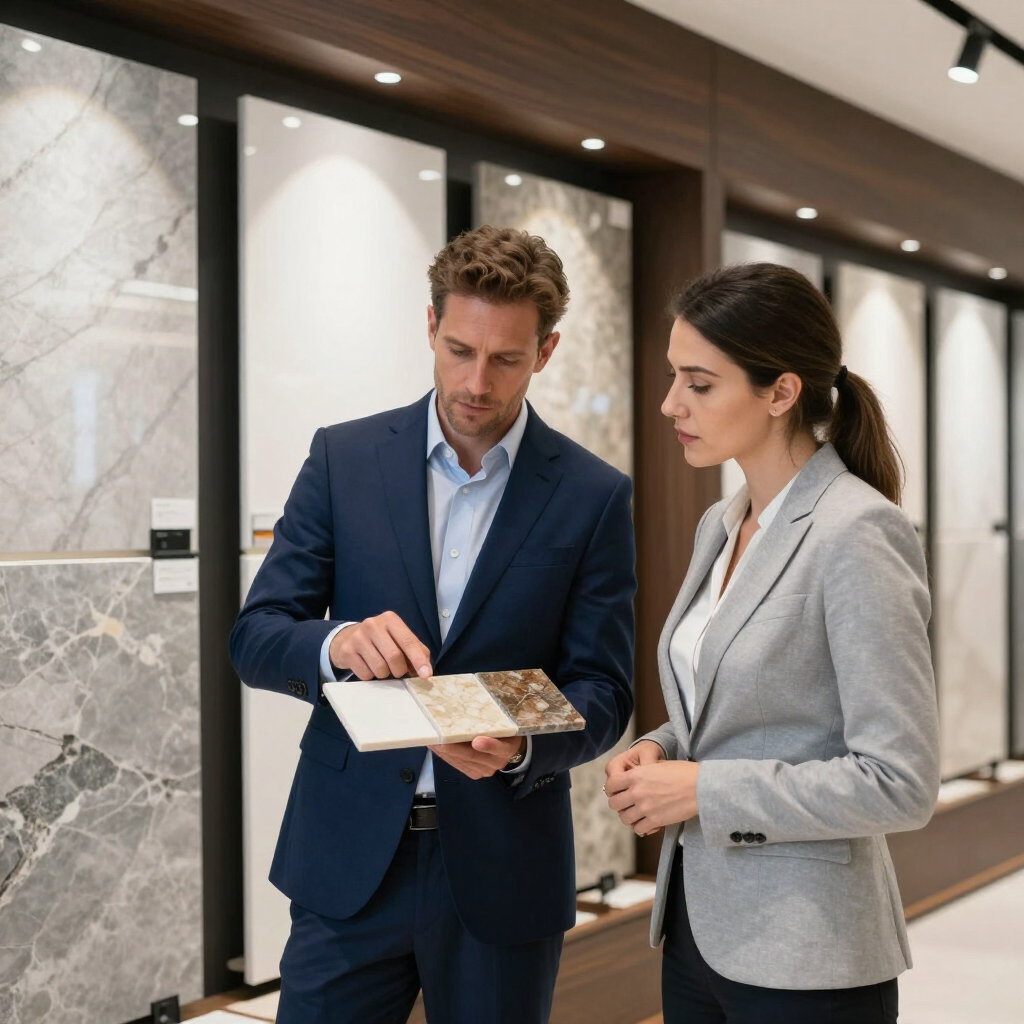 Dos profesionales con traje revisan un plano en el pasillo de una moderna sala de exposiciones.
