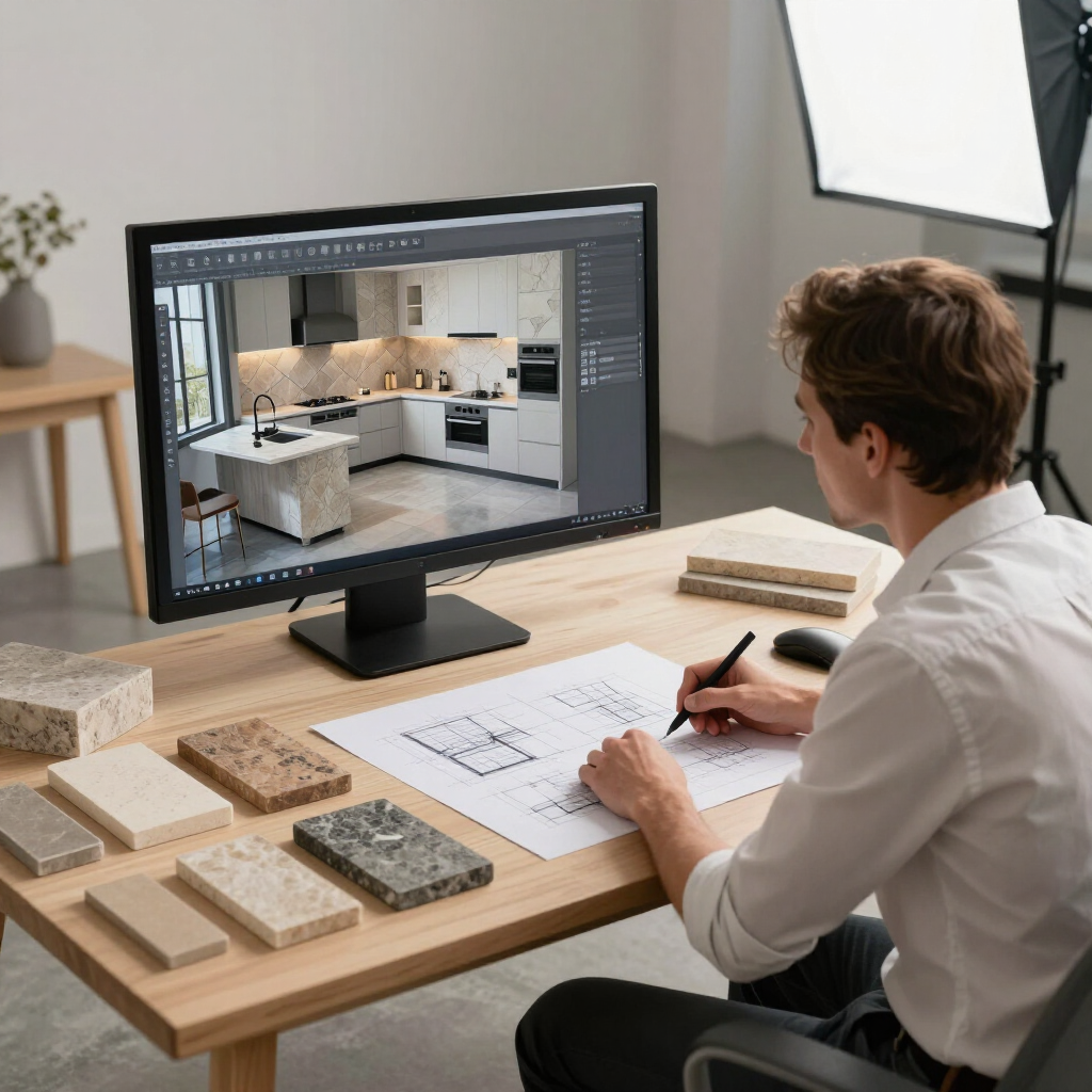 Un diseñador dibuja planos de cocina en un monitor y en papel sobre un escritorio con muestras de materiales.