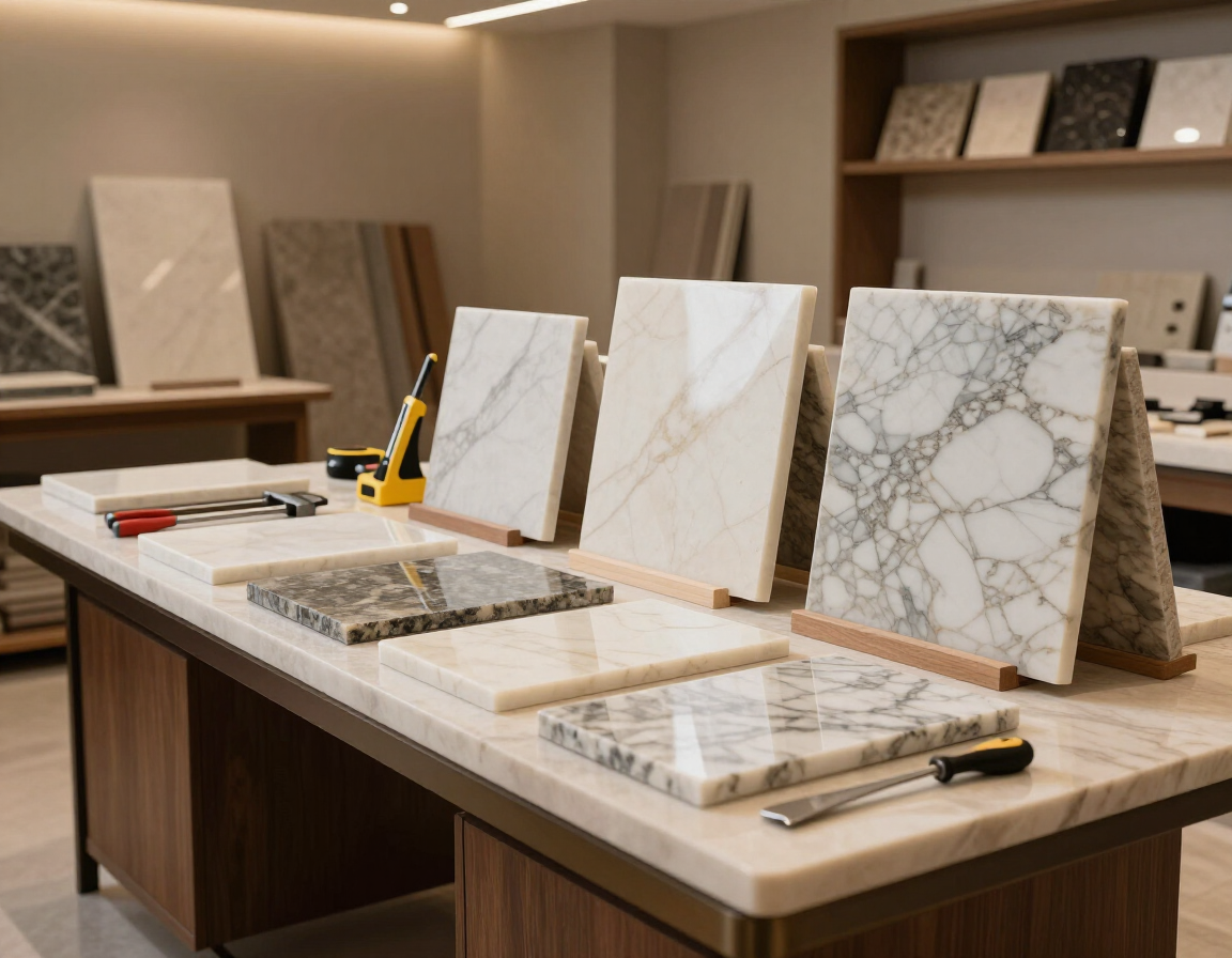 Sala de exposición de azulejos con muestras de mármol en mesas y estantes de exhibición al fondo.