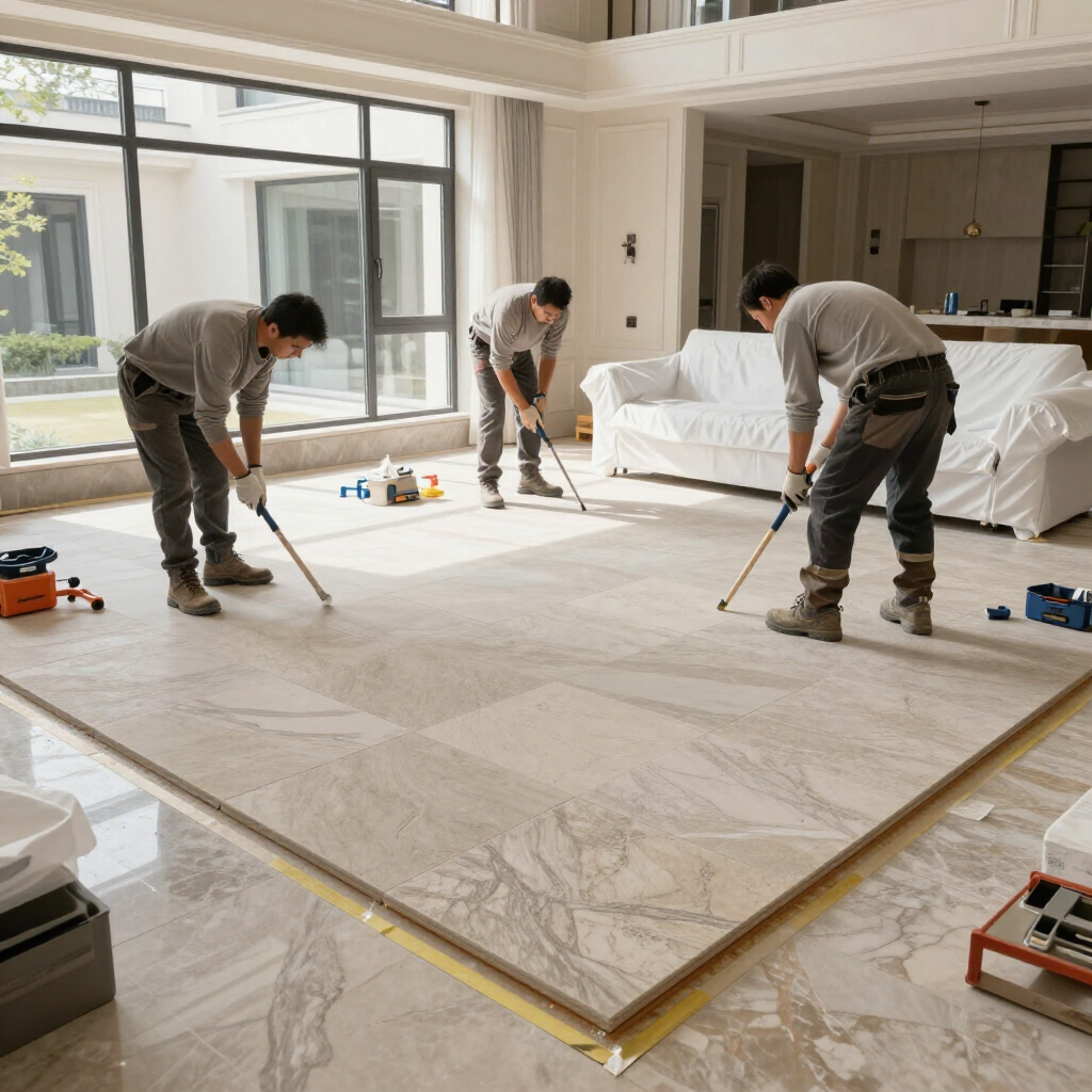 Obreros instalando una gran losa de mármol en el suelo de una sala de estar luminosa y moderna.