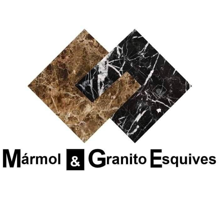 Logo de Mármol & Granito Esquives con rombos de mármol marrón y negro sobre fondo blanco