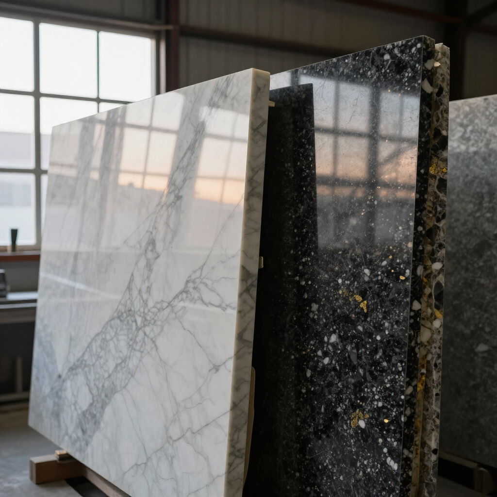 Dos grandes losas de piedra pulida, de mármol blanco y granito negro, expuestas en el interior junto a una ventana.