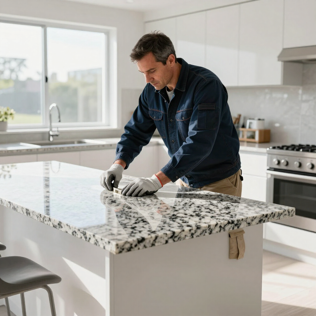 Hombre instalando una encimera de granito en una cocina moderna y luminosa.