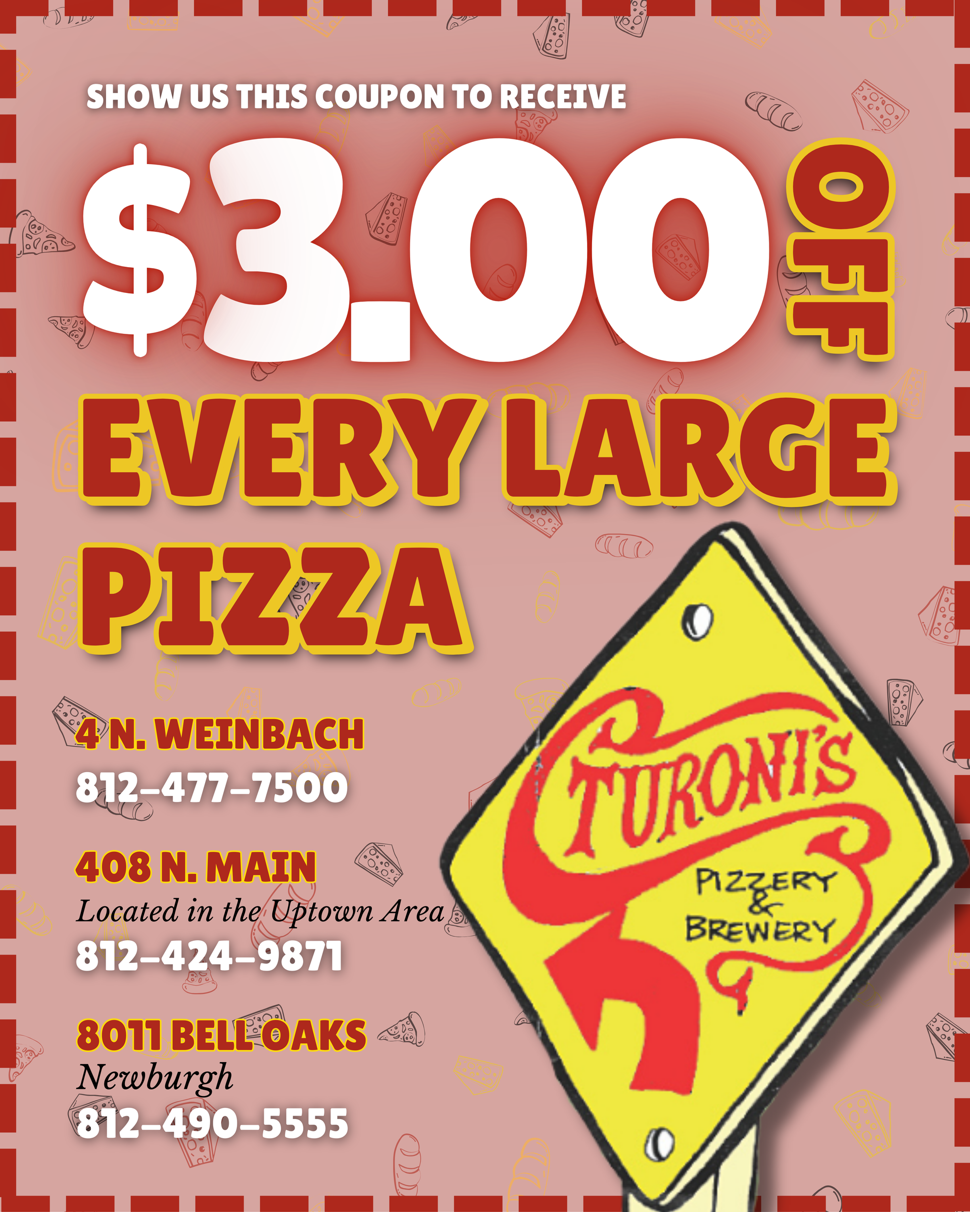 A coupon for $ 3.00 off any large pizza