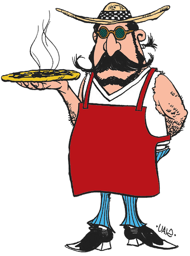 Vinny holding a pizza