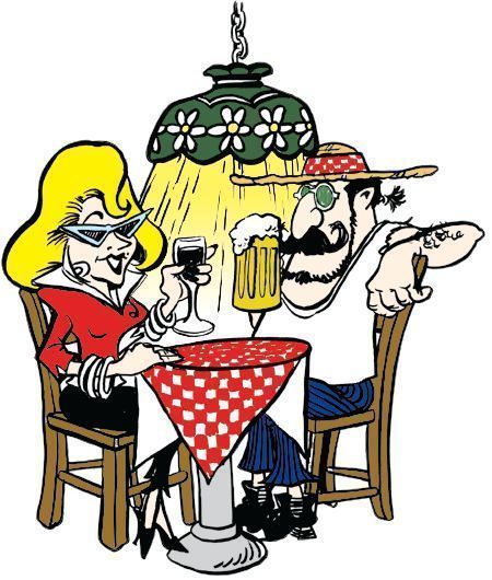 A man and a woman are sitting at a table drinking beer and wine