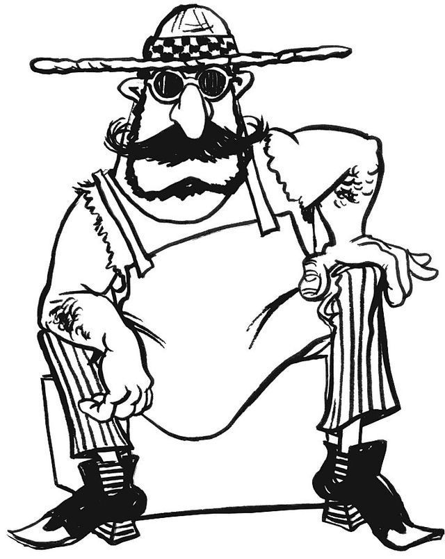 A black and white drawing of a man wearing a sombrero and sunglasses