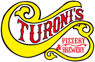 The logo for turoni 's pizzeria and brewery is yellow and red.