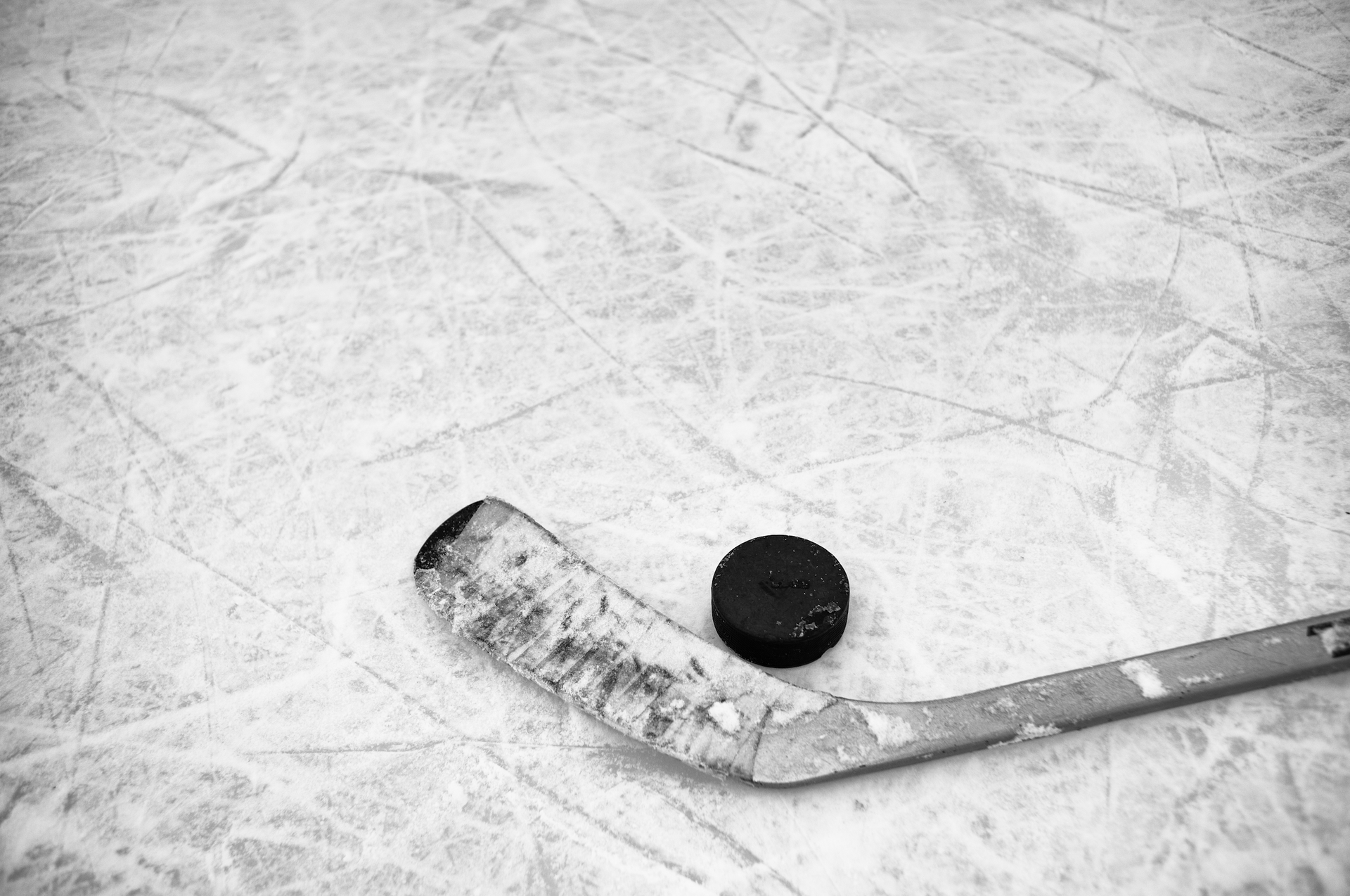 A hockey stick and puck are on the ice.