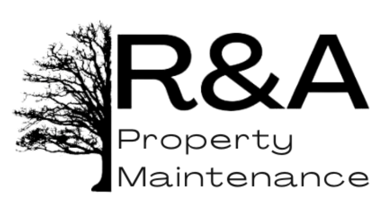 Logo for R&A Property Maintenance with stylized tree on left and letters 