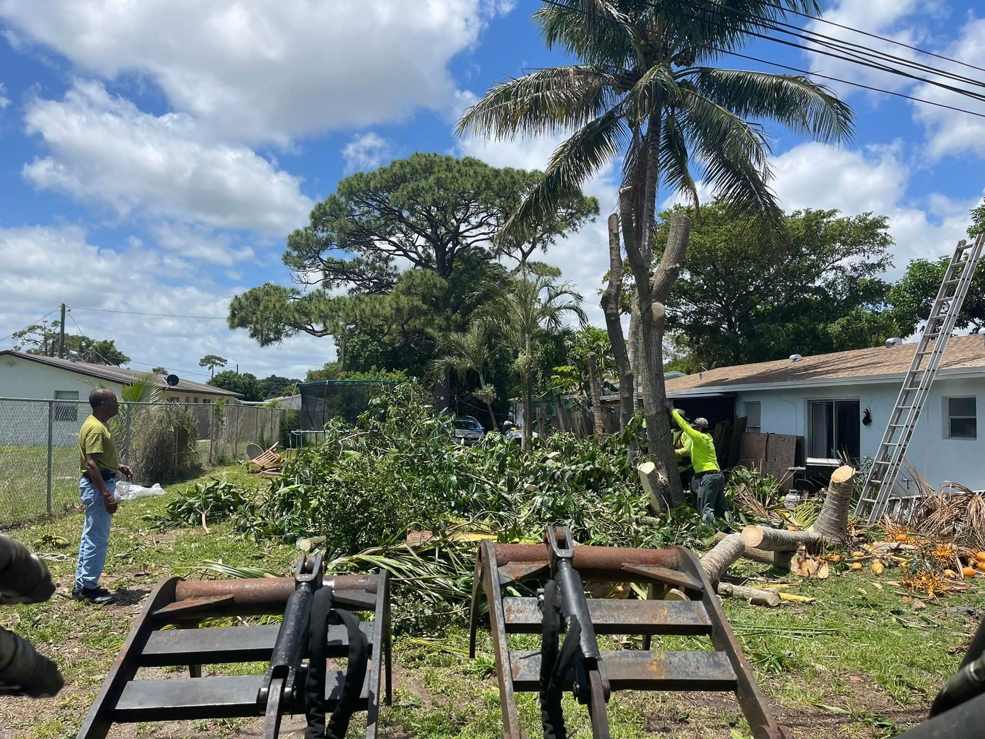 Yellow stump grinder pulverizing a tree stump in a yard, operated by a person wearing a yellow shirt.