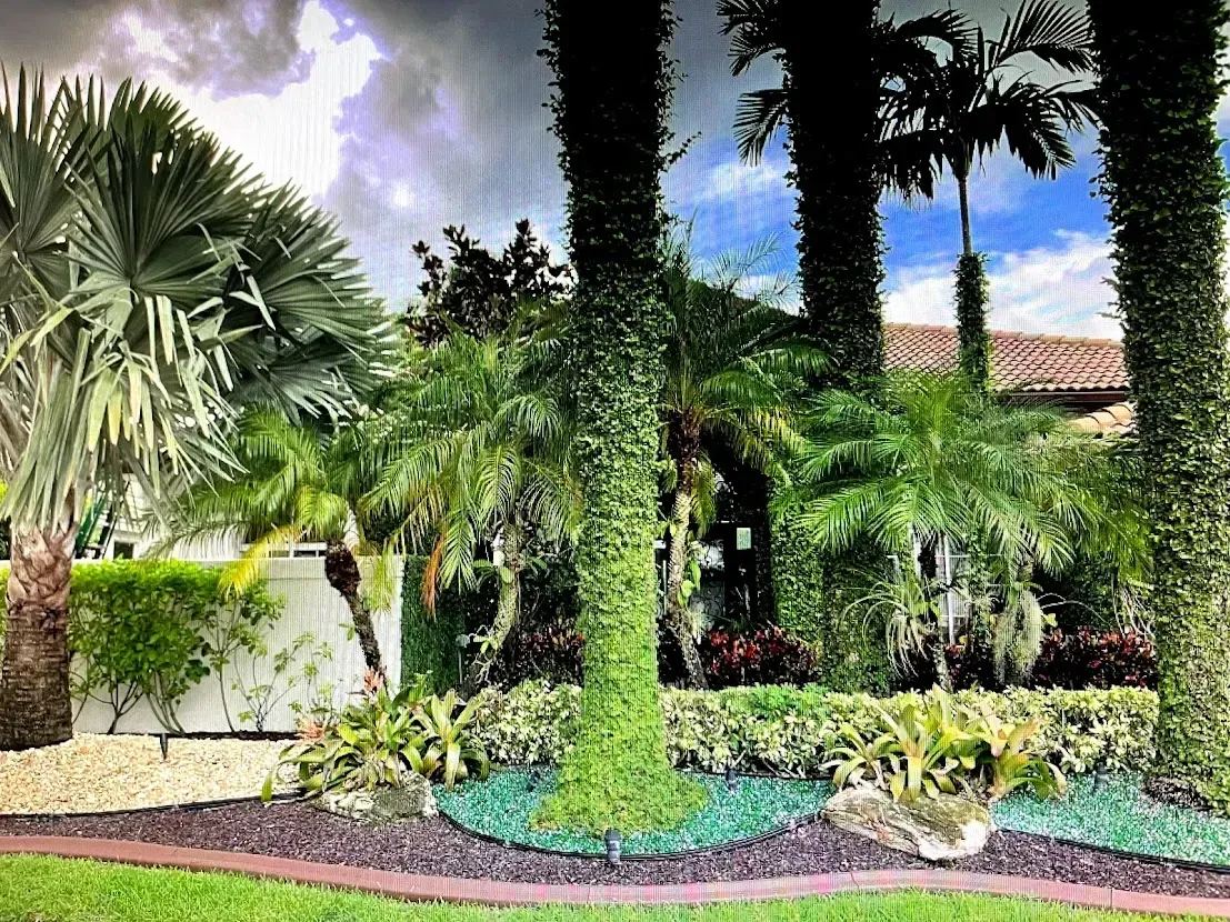 Small green plants among mixed pebbles, next to a beige stone walkway.