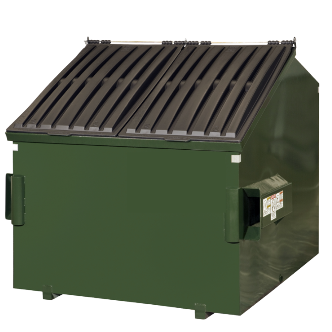 a green dumpster with a black roof on a white background