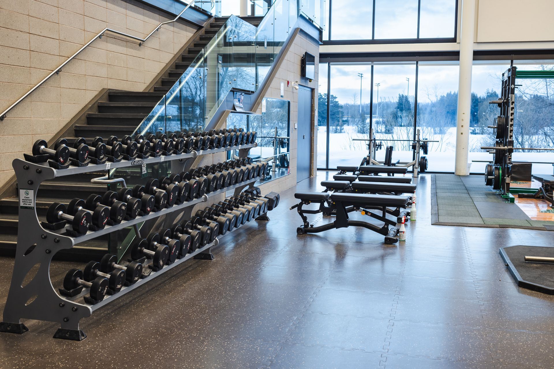 Gym interior with dumbbell rack, weight benches, and stairs, overlooking a snowy landscape.
