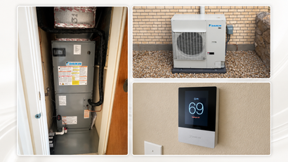 Goodman outdoor air conditioner unit beside a house wall and windows