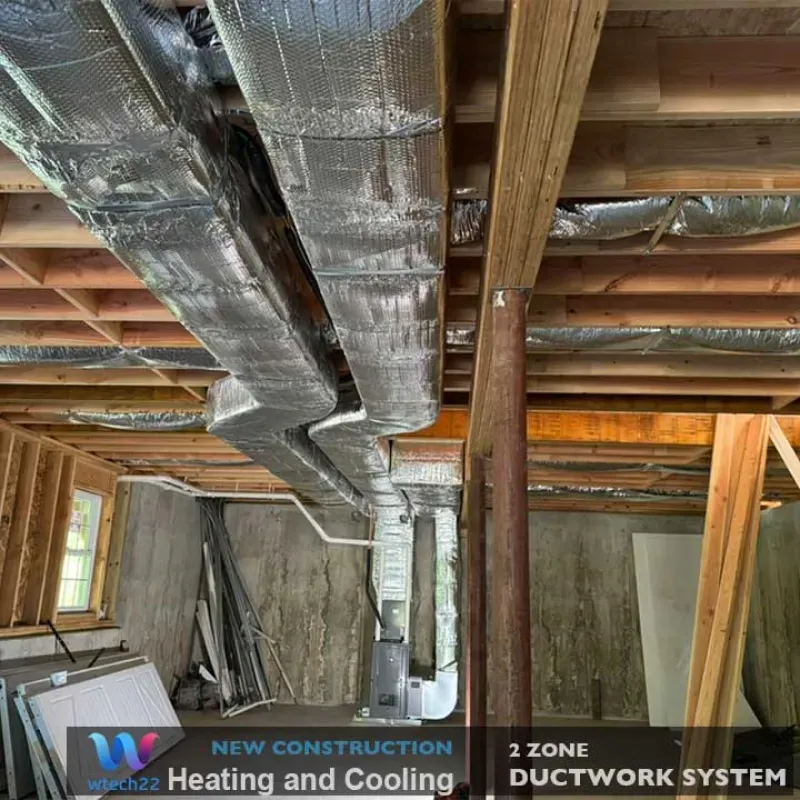 New construction ductwork system installed in a home's basement.