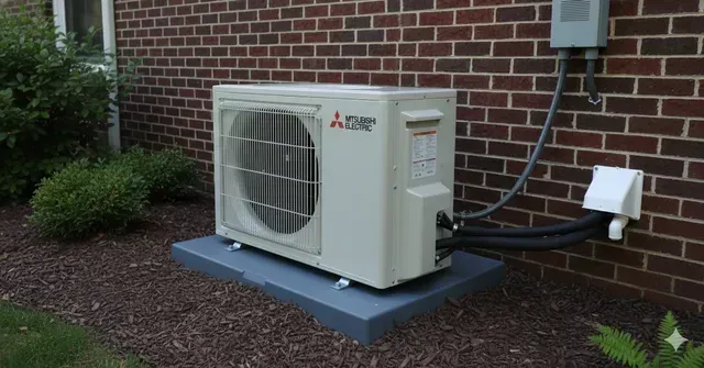 Mitsubishi heat pump unit on a concrete pad near a brick wall and bushes.