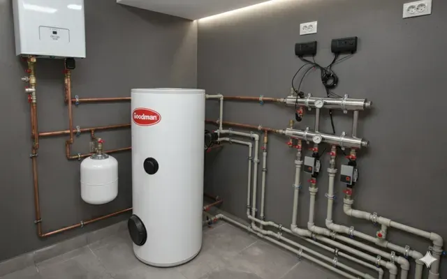 Water heater and associated plumbing in a gray utility room.