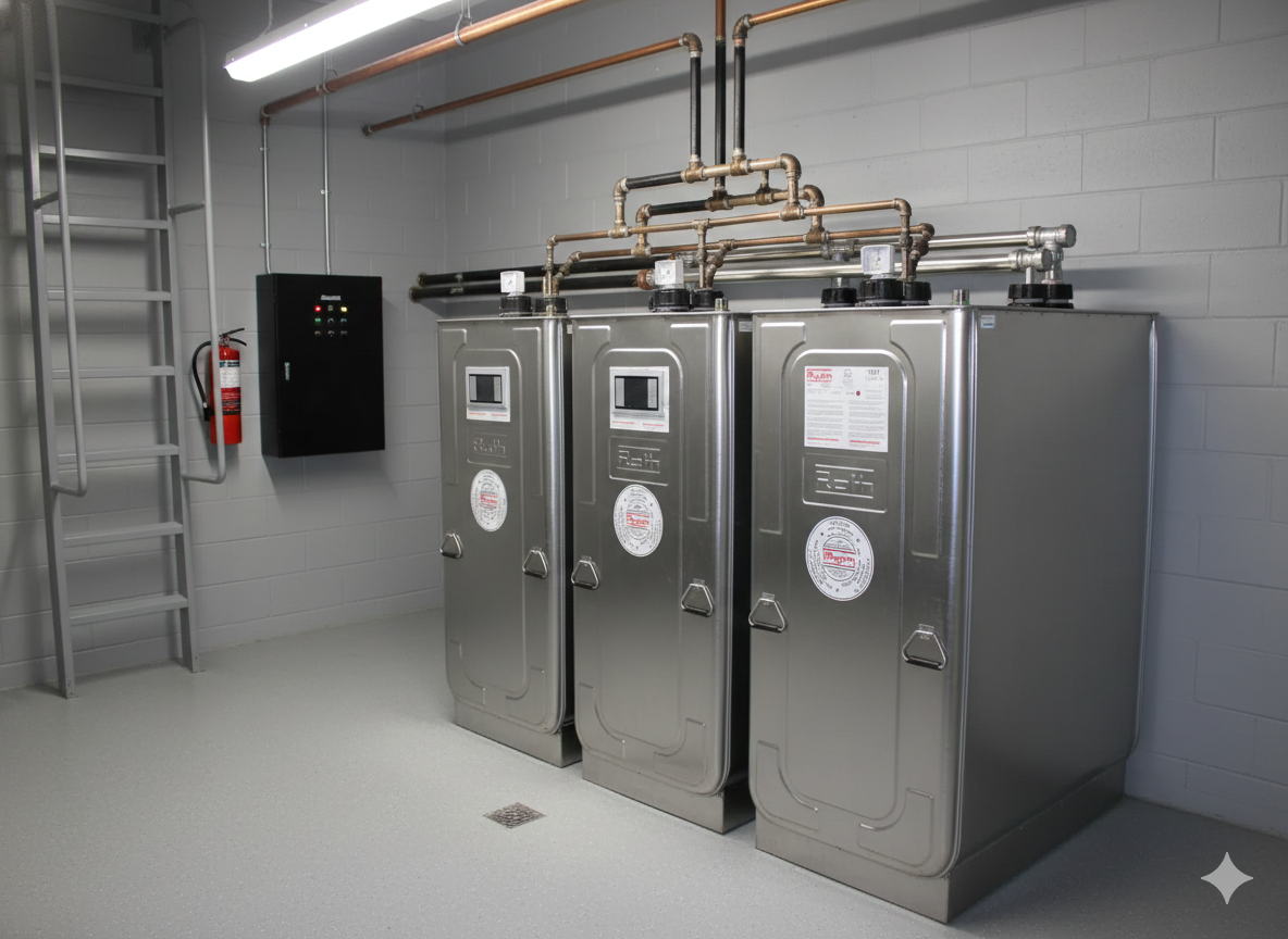 Three large metal tanks in a utility room, with pipes overhead. A ladder and fire extinguisher are on the wall.
