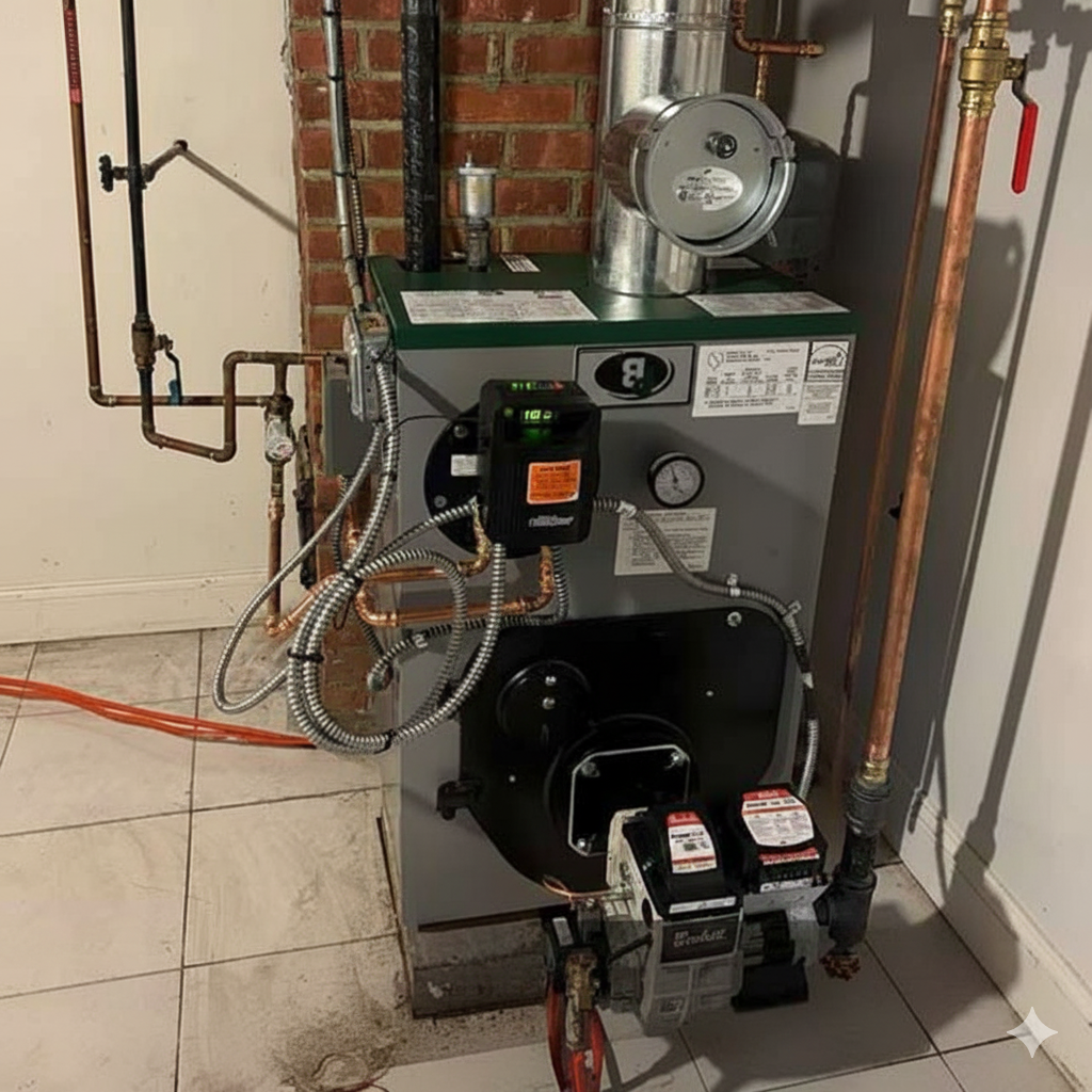 Oil-burning furnace in a basement setting with copper pipes and a brick wall.