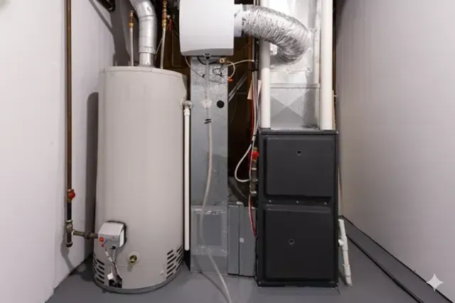 Water heater, furnace, and vent pipes in a utility room. Gray and white appliances against white walls and gray flooring.