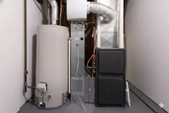 Water heater, furnace, and vent pipes in a utility room. Gray and white appliances against white walls and gray flooring.