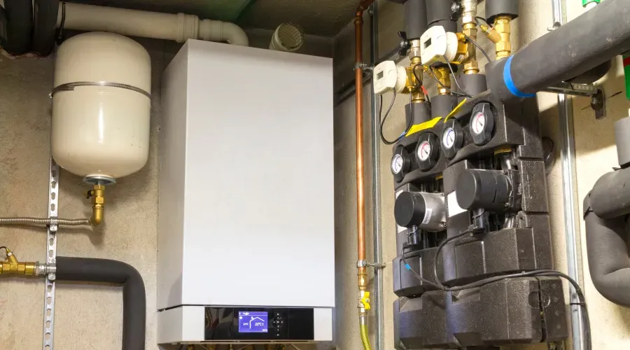 A white gas boiler with a digital display and connected pipes in a utility room.
