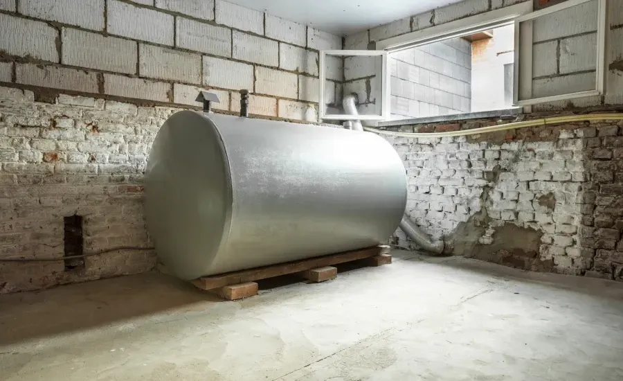Large silver oil tank in an unfinished basement, sitting on wooden beams near a window.