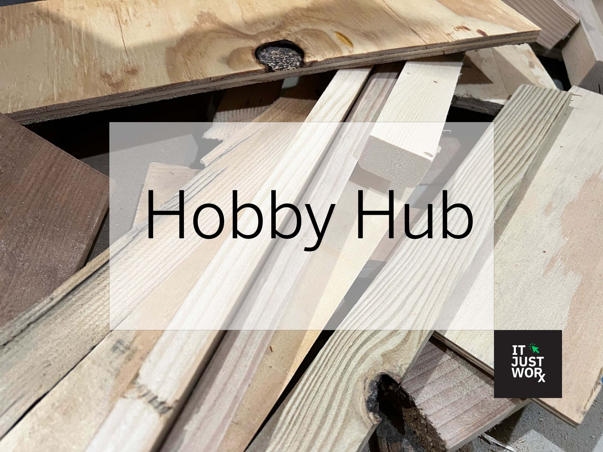 A pile of wood with the words hobby hub written on it