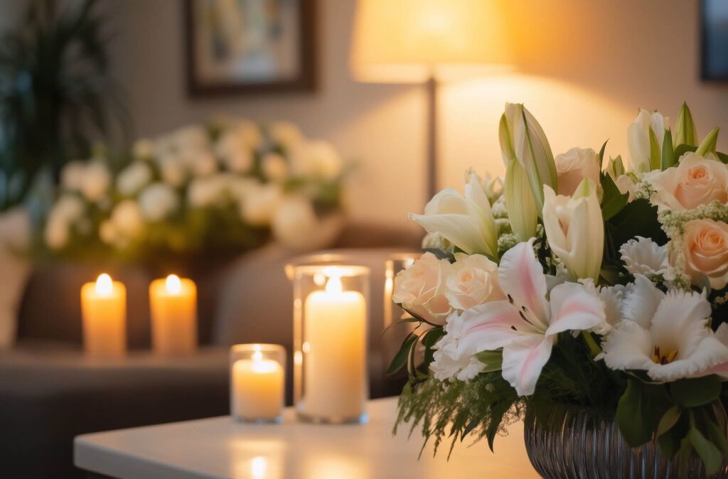 A vase of flowers and candles on a table in a living room.