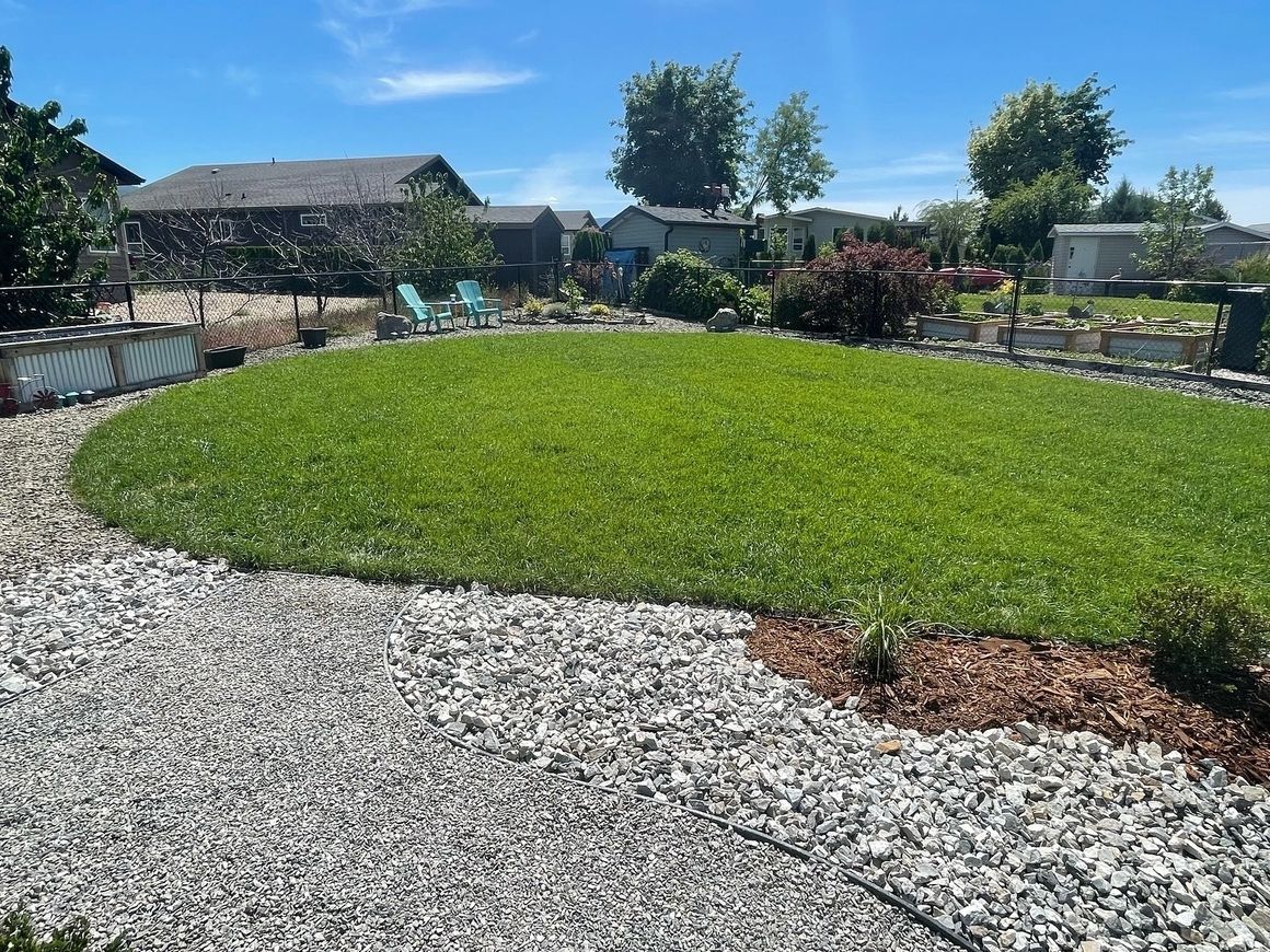 A well-maintained backyard with a grassy lawn, gravel pathway, and various plants under a blue sky.