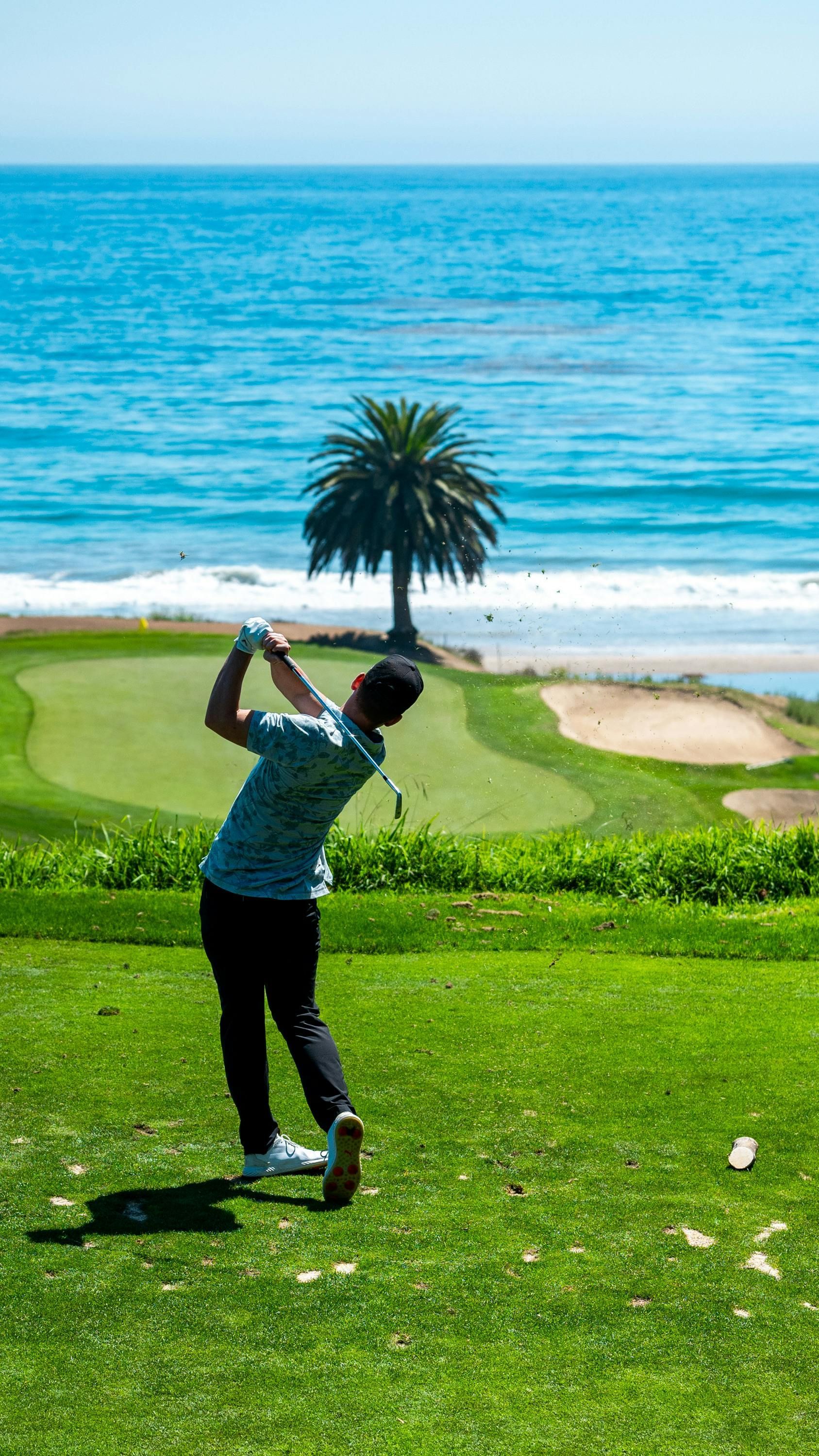 Golfer swings club on green, ocean in background. Sunny day, palm tree on the beach.