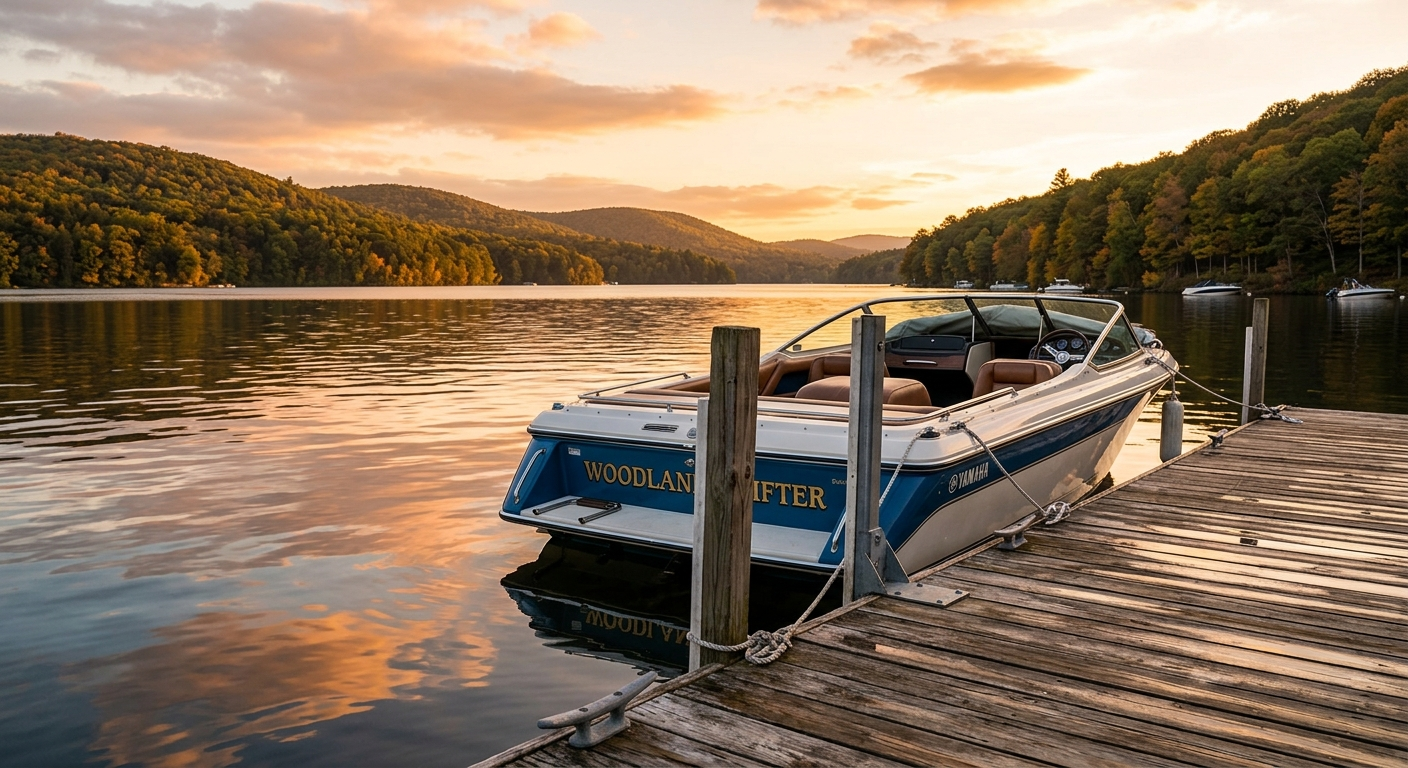 A motorboat cruising on a calm Pennsylvania lake surrounded by tree-covered hills on a sunny summer afternoon