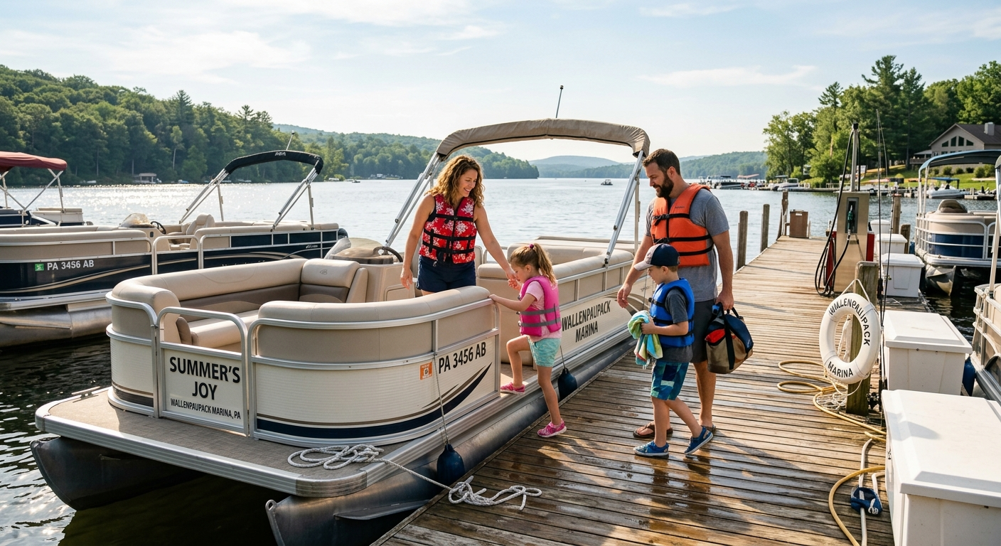 Motorboat cruising on a calm Pennsylvania lake on a sunny summer afternoon with wooded shoreline in the background