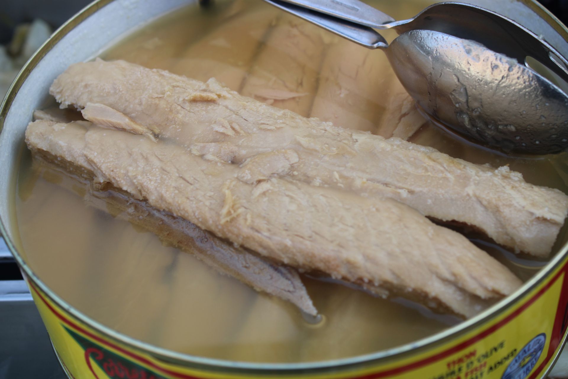 Tonno in scatola sott'olio, con un cucchiaio all'interno della scatola.